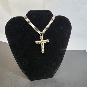 Woven Faux Pearl Seed Beaded Cross Pendant‎ Necklace Cream Bronze
